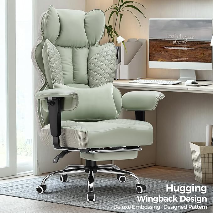 COMHOMA Big and Tall Office Chair 400LBS Wide Ergonomic Gaming Chair with Deluxe Embossing Designed Leather with Foot Rest,150°Reclining Adjustable Armrests Pocket Spring Back Support and Pillow