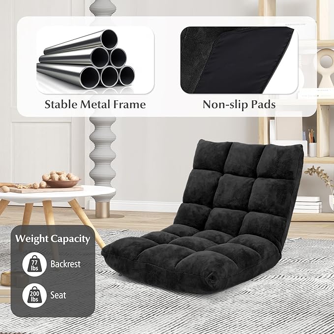 ARLIME Adjustable Floor Chair, 14-Position Lazy Sofa Chair with Back Support & Thick Padding, Portable Foldable Floor Couch for Adults, Kids, Use in Bedroom, Living Room, Home Theater (Black)
