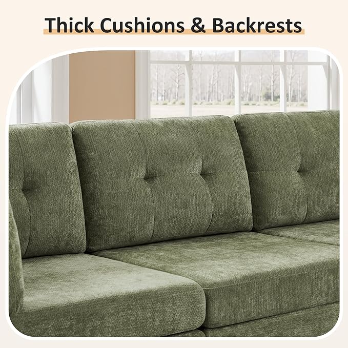 VANOMi 118" Cloud Couches for Living Room with Ottoman, 4 Seater Modular Sectional Sofas & Couches, Cozy Chenille Cloud Sectional Couch Sofa for Apartment, Office, Olive Green, L Shaped