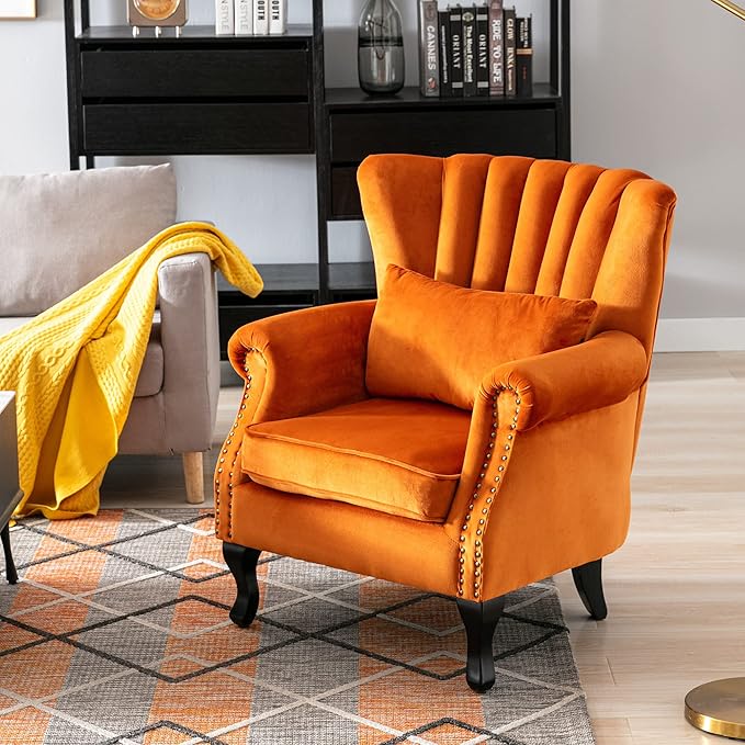 chairus Mid-Century Modern Accent Chairs Set of 2 Comfy Sofa Chairs Channel Back Armchairs with Small Pillow for Living Roon Bedroom Club - Velvet, Orange