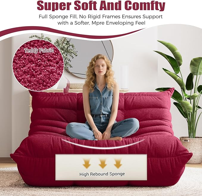 Selyteramy Bean Bag Chairs for Adults, Giant Bean Bag Chair Sofa with Memory Foam, Comfy Beanbag Loveseat Lazy Sofa for Living Room, Bedroom, Apartment, Red