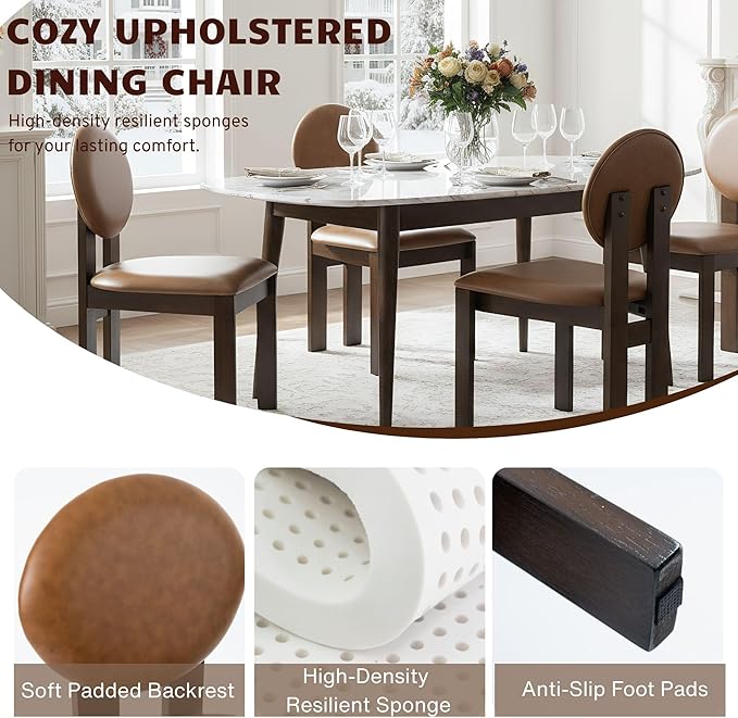 Modern Wood Dining Chairs Set of 6, Farmhouse Brown Faux Leather Kitchen Chairs with Round Back & Walnut Legs, Mid-Century Armless Upholstered Accent Chairs for Dining Room/Living Room/Restaurant