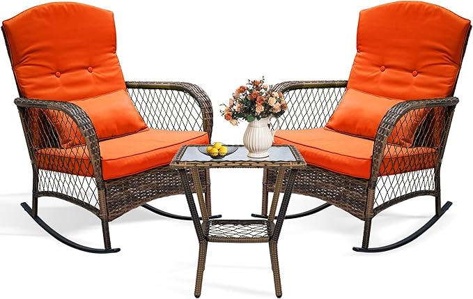 Sgentle 3 Piece Wicker Rocking Chairs, Outdoor Patio Rocking Chairs Set of 2 with Side Table, All-Weather Outdoor Rattan Rocking Chair with Cushions & Frame for Lawn Porch Garden (Red, Style 4)