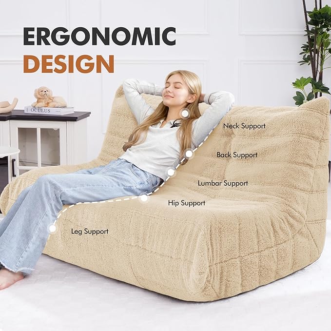 Bean Bag Loveseat Chair Big Sofa Beanbag Chair for Adults Fireside Chair Bean Bag Lounger with Memory Foam Filled for Home,Apartment or Gaming Venue（Khaki Teddy）