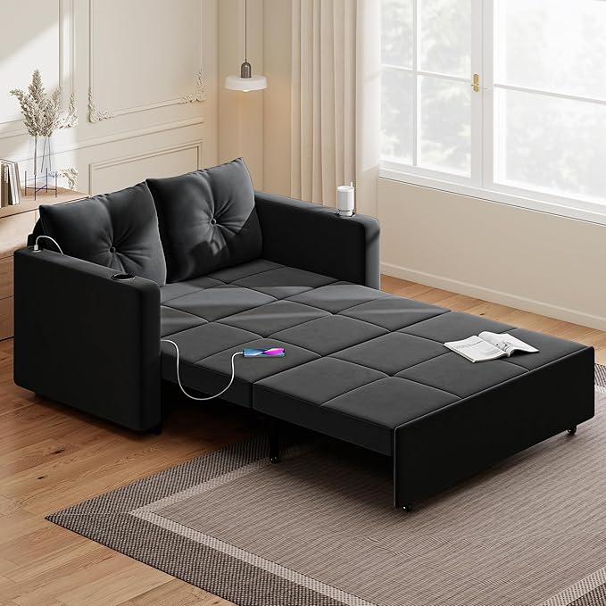 Krcix 3 in 1 Pull Out Couch, 56 Inch Velvet Sofa Bed, Convertible Loveseat Sleeper Sofa for Living Room, Small Space, Upholstered Couch Bed with USB, Cup Holder(Black)