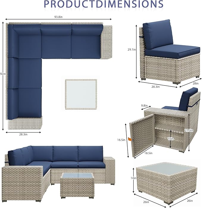 Broivira 12 Piece Patio Furniture Set, 9.8" Wide Arm Sectional Sofa with Storage Armrests, All-Weather Rattan Outdoor Conversation Set for Garden, Porch, Lawn, Backyard, Balcony, Blue