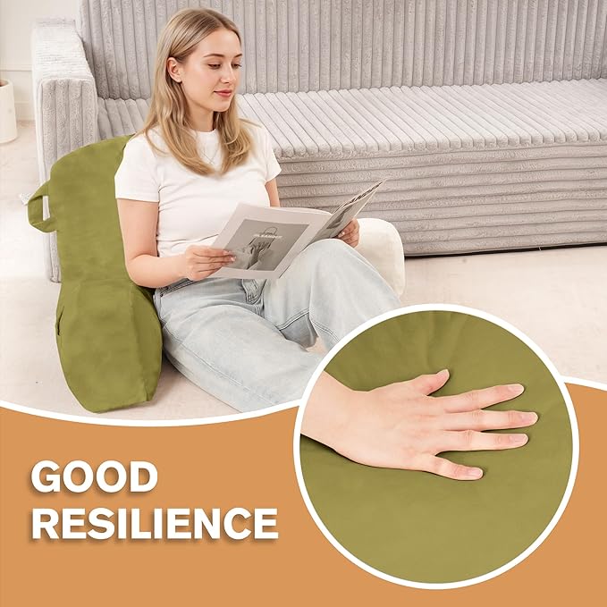Unisakey Portable Comfy Reading Pillows for Bed Sitting Up(Pale Green Oeko-Tex), Velvet Back Pillow with Arms & Pockets for Adults, Support Memory Foam Bed Pillow for Dorm/Reading/Watching/Gaming