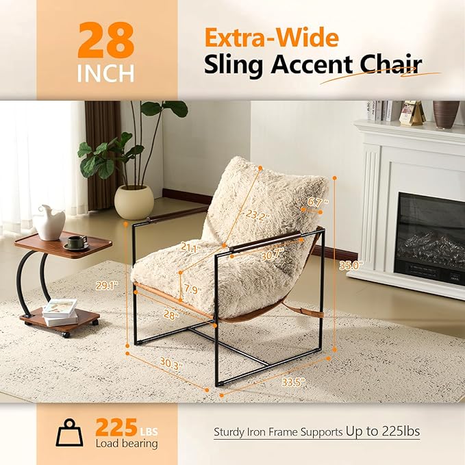 VINGLI 28" Wide Plush Upholstery Sling Modern Accent Chair Set of 2, Cute Reading Armchair with Removable Seat Cushion & Tan Microfiber Seat Base, Lazy Chair for Bedroom & Lounge, Beige