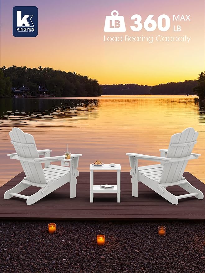 KINGYES Folding Adirondack Chair Set of 6, HDPE All-Weather Patio Chairs with Cup Holder, Wooden Textured Fire Pit Chairs for Poolside, Backyard, Deck, White