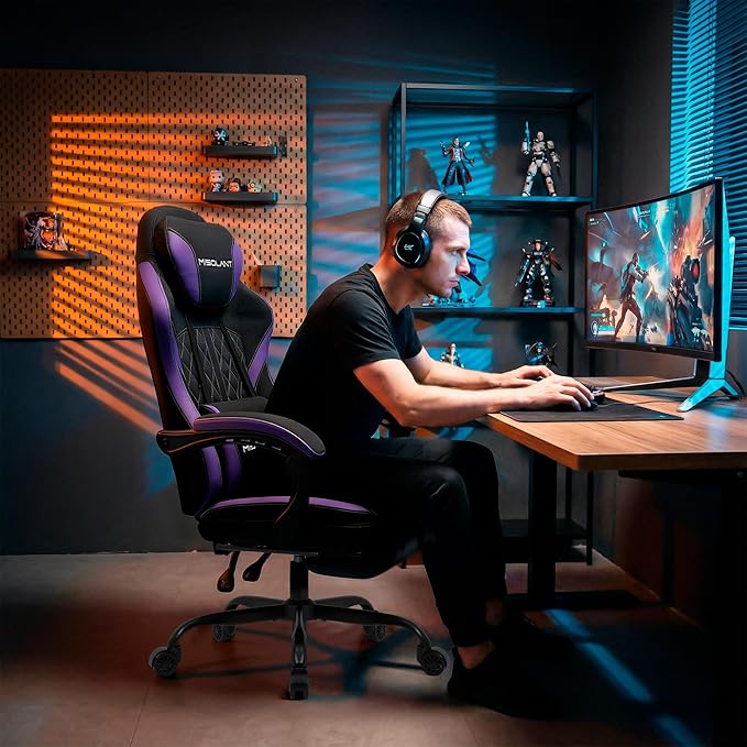 Misolant Gaming Chair, Fabric Gamer Chair with footrest for Adults, High Back Ergonomic Computer Game Chair with Adjustable Headrest and Massage Lumbar Support, 90-155° Recline Free, Purple
