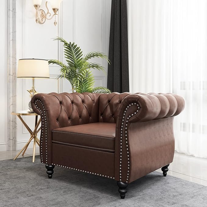 QHITTY Chesterfield Chair Accent Chair, Modern Leather Upholstered Sofa Chair with Tufted Back for Living Room Furniture (Dark Brown)