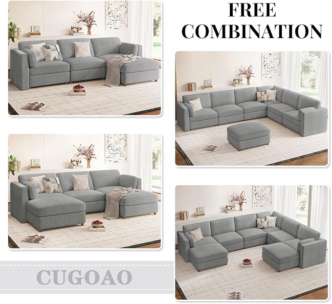 CUGOAO 153.4'' Oversized Sofa Set, Modular Sectional Sofa, Deep Seat Chenille Cloud Couch, Removable Cover, Mordern Upholstered Couches for Living Room, Apartment, Office, Grey