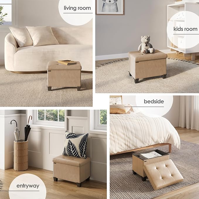 Storage Ottoman Cube with Small Bin, 16-in Square Ottoman with Storage for Living Room and Bedroom, Small Ottomans Foot Rest, Faux Leather Foot Stools Ottomans Max 330lbs, Taupe
