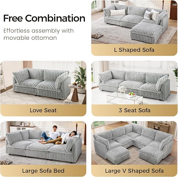 KKL Modular Sectional Couch for Living Room, L Shaped Corduroy Couches with 1 Ottomans, 4 Seater Oversized Sofa, Soft Fabric Modern Sofa, Grey