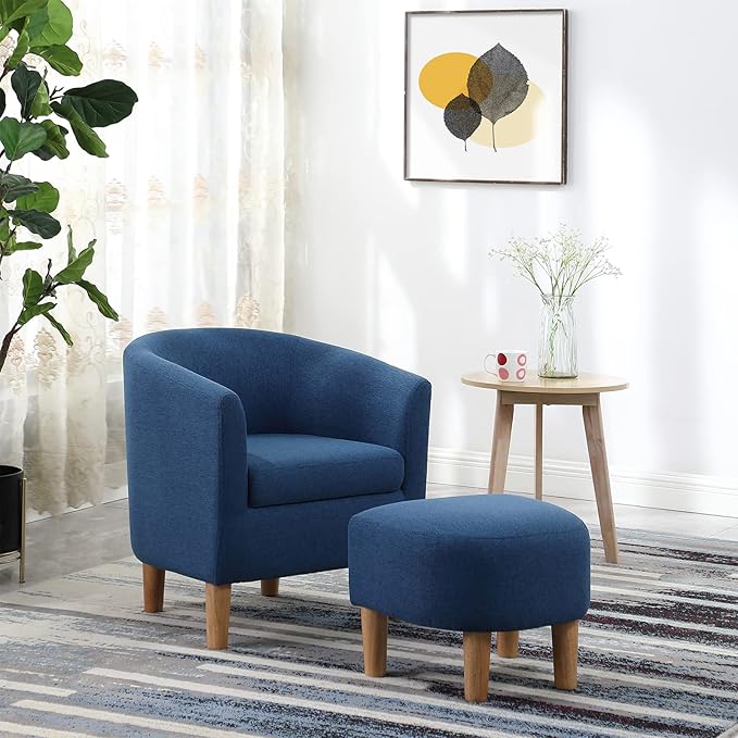 DAZONE Accent Chair Set of 2 Mid Century Modern with Ottoman Comfy Armchair Footrest Comfortable Living Room Chairs Upholstered Barrel Round Club Tub Sofa for Bedroom Reading Blue (D79402)
