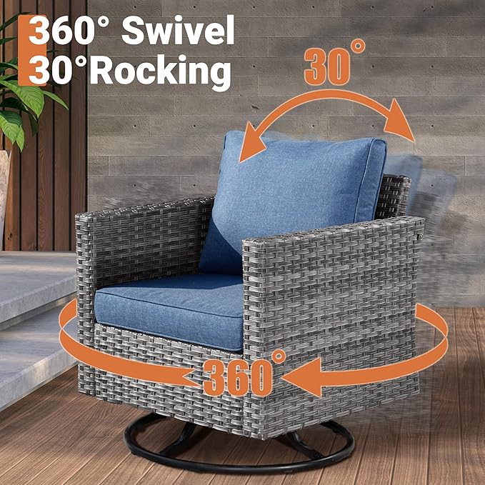 ovios 10 Piece Outdoor Patio Furniture Set with Fire Pit Table,Conversation Sectional Wicker Couch with Swivel Chairs,Modern Outside Sofa for Balcony Backyard, Blue