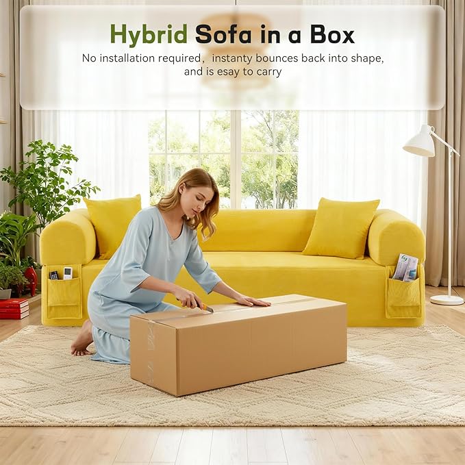GJQ 3 Seater Boneless Couches for Living Room,Corduroy Couch with 2 Pillows & Storage,Memory Foam Couch in a Box,Compressed Floor Sofa with Armrests,No Assembly Required Cloud Sofa,Yellow
