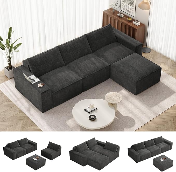 Vesgantti 114" Modular Sectional Boneless Couch, Modern 3 Seater Sofa with Ottoman & Deep Seat, Convertible Chenille L Shaped Cloud Couches for Living Room, No Assembly Required, Dark Grey