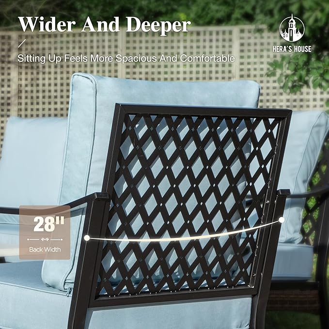 HERA'S HOUSE 4 Piece Metal Patio Furniture Set, 2 x Rocking Cushioned Chair, 2-Seat Lover Sofa with Coffee Table, All Weather Outdoor Conversation Set for Lawn Garden Backyard Deck, Blue