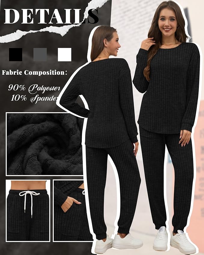 Sweetyweee Women's Ribbed Knit Lounge Sets 2 Piece Outfits Long Sleeve Pajamas Set Loungewear Sweatsuits Fall Pjs with Pocket