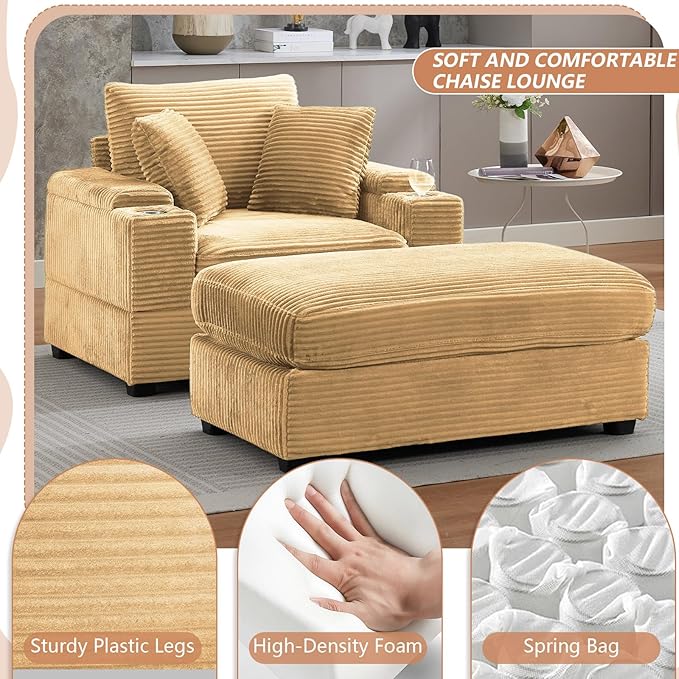 50" Oversized Indoor Chaise Lounge Chair with Ottoman & Storage, Reclining Sleeper Design, Comfy Deep Seat Corduroy Upholstered, Built-in Cup Holder, Ideal for Living Room, Bedroom, Yellow