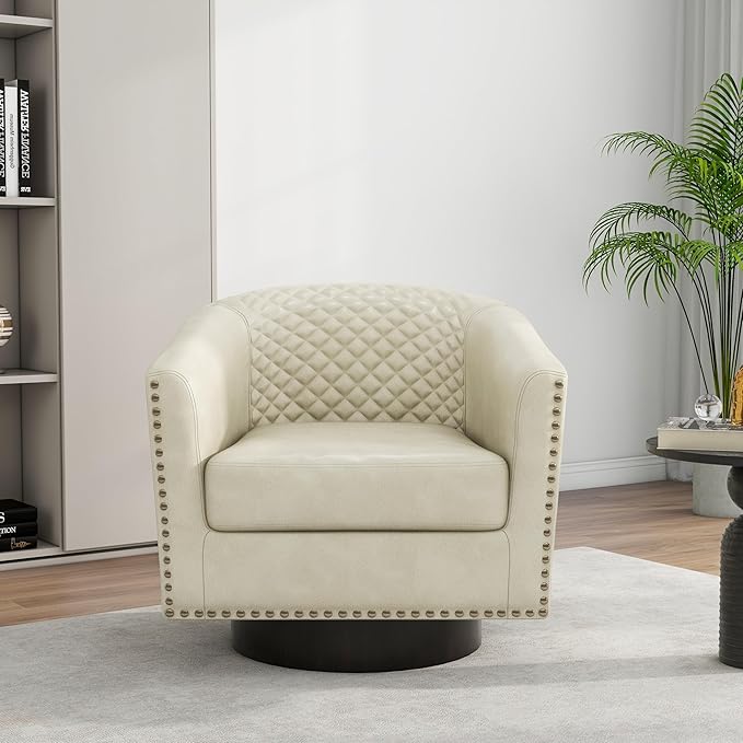 DREAMSIDEA Swivel Barrel Accent Chair, Comfy Modern Upholstered Round Faux Leather Arm Chair for Living Room, Bedroom（Beige, Set of 1