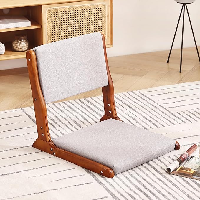 Tiita Foldable Tatami Chair, Japanese loor Chair, Wood Legless Back Rest Chairs with Cushion, Accent Meditation Floor Chairs Bay Window, Walnut Grey