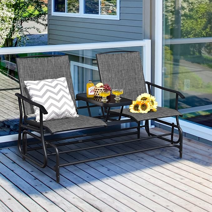 S AFSTAR 2-Person Outdoor Glider, Patio Glider Bench Chairs with Center Tempered Glass Table & Breathable Loveseat, Double Swing Glider Chair for Porch Garden Poolside Balcony Lawn (Gray)