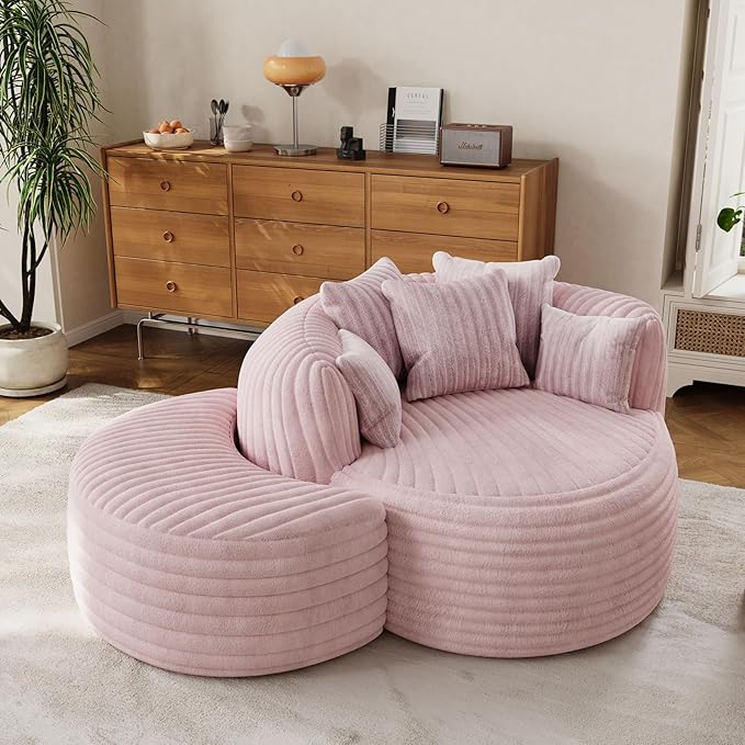 50" W Oversized Round Chaise Lounge Chair with Ottoman Indoor Boneless Plush Fluffy Corduroy Circle Couch Soft Comfy Cozy Cloud Reading Chair for Living Room, Playroom, Bedroom - Pink