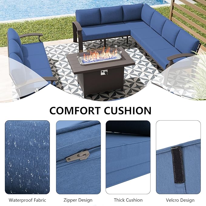 RTDTD Aluminum Outdoor Patio Furniture Set,8 Seats Patio Conversation Sets with 45" Propane Fire Pit Table,Metal Patio Sectional Furniture Set with Ottomans,Navy Blue