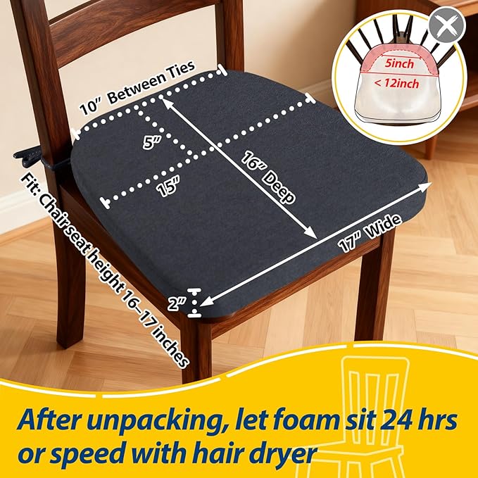 AAAAAcessories D-Shaped Chair Cushions, 2" Thick Dining Chair Pads with Ties and Removable, Machine-Washable Cover, 17" x 16", Charcoal Gray