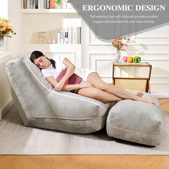 Cvortll Bean Bag Chair with Ottoman, Comfy Bean Bag Sofa with Memory Foam, Lazy BeanBag Sofa with Footstool, Fireside Bean Bag Couch for Living Room, Bedroom, Apartment (Gray)