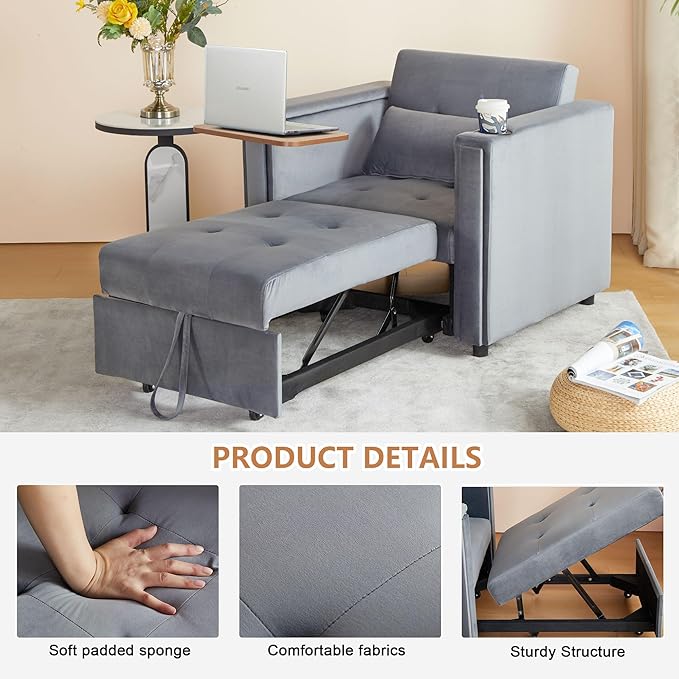ORRD Convertible Chair Bed, 3-in-1 Multi-Functional Velvet Sleeper Sofa Pull-Out Couch Chair Bed with Adjustable Backrest and Hidden Side Table for Living Room, Small Space, Apartment (Grey)