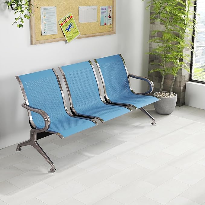 Kinfant 3-Seat Waiting Room Chair - Office Guest Reception Chairs with Ergonomic Backrests, Airport Waiting Bench with Armrests, Metal Waiting Furniture for Hospital, Bank, Salon, Blue