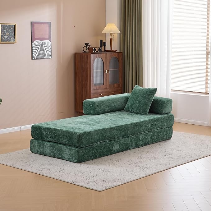 77" Convertible Foldable Floor Couch, 3-Seat Futon Sleeper Sofa for Living Room, Bedroom, or Apartment, with Pillow Backrest and Armrests, Chenille Fabric, No Assembly Required, Dark Green