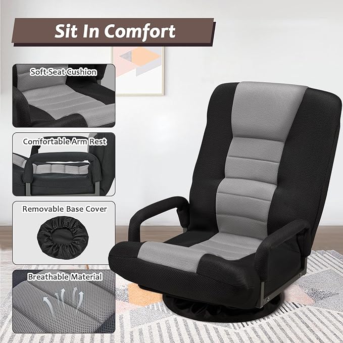 360° Swivel Chair 6 Adjustable Positions Backrest with Armrest Foldable Floor Chairs Suitable for Reading, Relaxing, Mediation,Grey