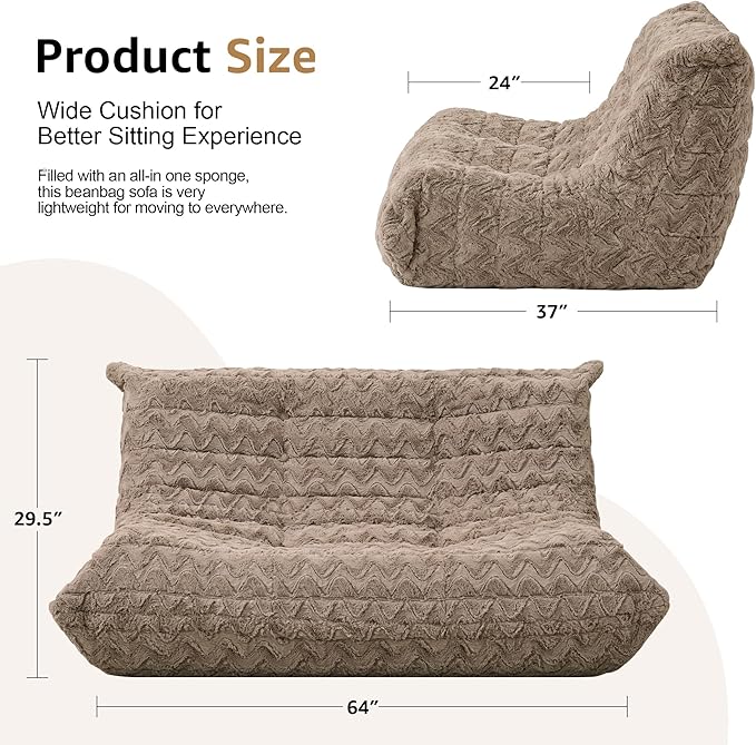 Bean Bag Chairs for Adults Giant Bean Bag Chair Memory Foam BeanBag Chair Bean Bag Sofa with Filler Faux Fur Fireside Beanbags Lazy Sofa for Living Room Bedroom Office (Brown Chevron, Loveseat)