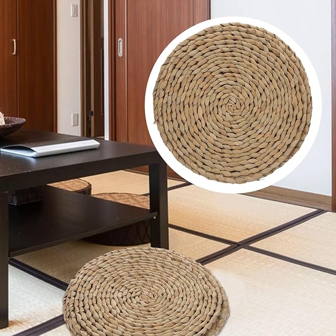 Luxshiny Woven Tatami Floor Cushion Double-Layer 30x30cm Sitting Pad with Reed Grass for Meditation and Yoga, Thick Breathable Seat Mat for Adults, Zen Floor Pillow for Bedroom and Tea Room