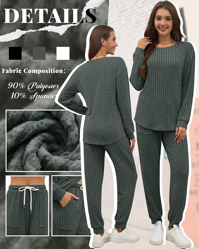 Sweetyweee Women's Ribbed Knit Lounge Sets 2 Piece Outfits Long Sleeve Pajamas Set Loungewear Sweatsuits Fall Pjs with Pocket