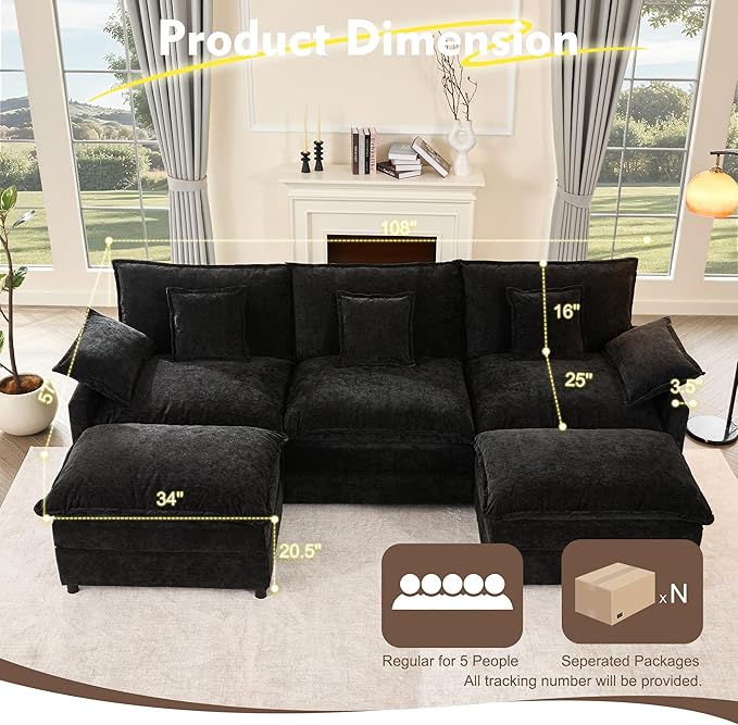 GOSUHI 108" U Shaped Couch, Modular Sectional Sofa, 3-Seater Comfy Cloud Couch with Movable Ottoman, Deep Seat Couches for Living Room, Chenille, Black