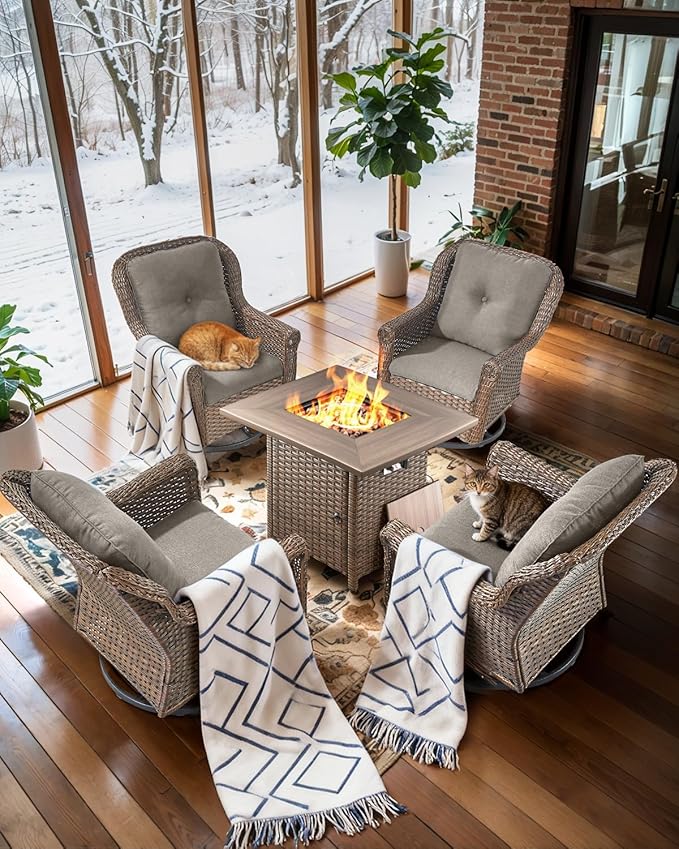 ACTREST Patio Chairs Outdoor Swivel Glider - Set of 4 High Back Outside Brown Wicker Rattan Rocking Chair with Thick Cushion for Porch Apartment Deck Yard Poolside Garden - Grey