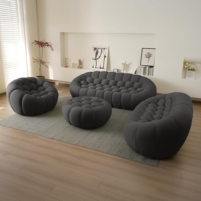 Modular Sectional Sofa,Bubble Couch Set,1 Seater+ LoveSofa+ 3 Seater+Ottoman,Modern Upholstered Bean Bag Sofa Couch Mesh Fabric Lazy Floor Chair Living Roon Sets ((Dark Gray, 98.43"+79"+48"+42")