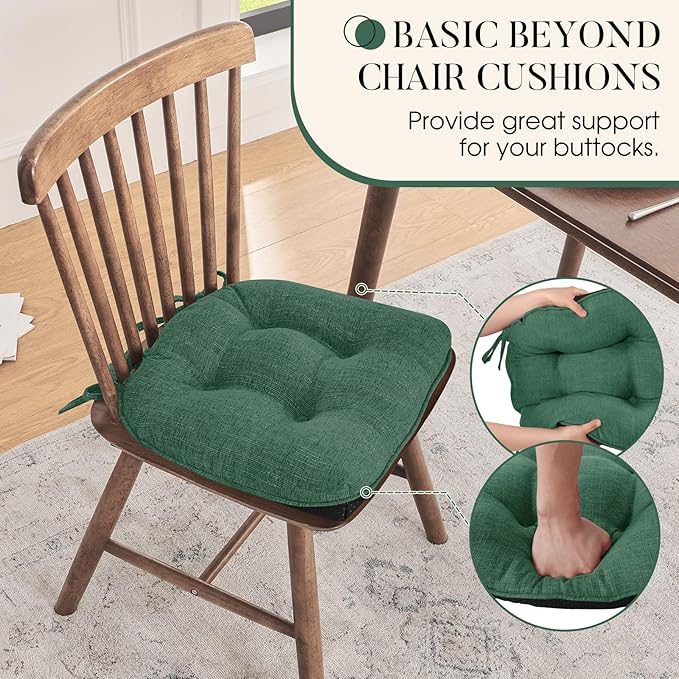 Basic Beyond Chair Cushions for Dining Chairs 6 Pack, Chair Cushion with Ties and Non Slip Backing, 15.5 x 15.5 inches Tufted Chair Pads for Dining Chairs, Forest Green