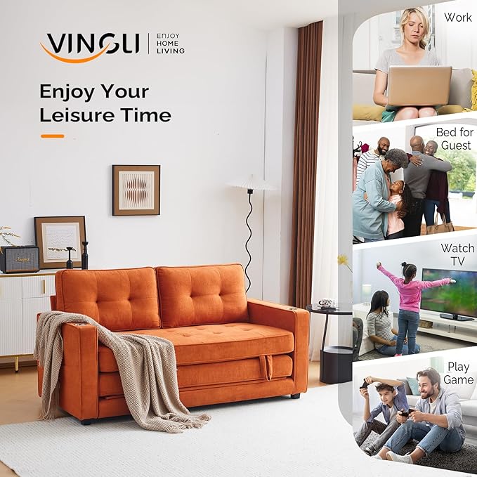 VINGLI Sofa Bed Full Size Pull Out Couch Bed Burnt Orange Futon Couch 64" W 84" L Loveseat Sleeper Floor Couches for Living Room Convertible Loveseat Sofa Foldable Sofa Bed
