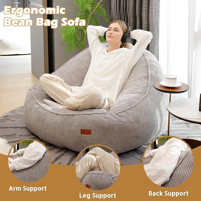 Giant Bean Bag Chair for Adults, Teens and Kids, Cozy Fluffy Corduroy Beanbag Chair with Filler, Large Floor Lounge Sofa for Living Room, Bedroom, Dorm, Gaming and Reading（L-Light Grey）