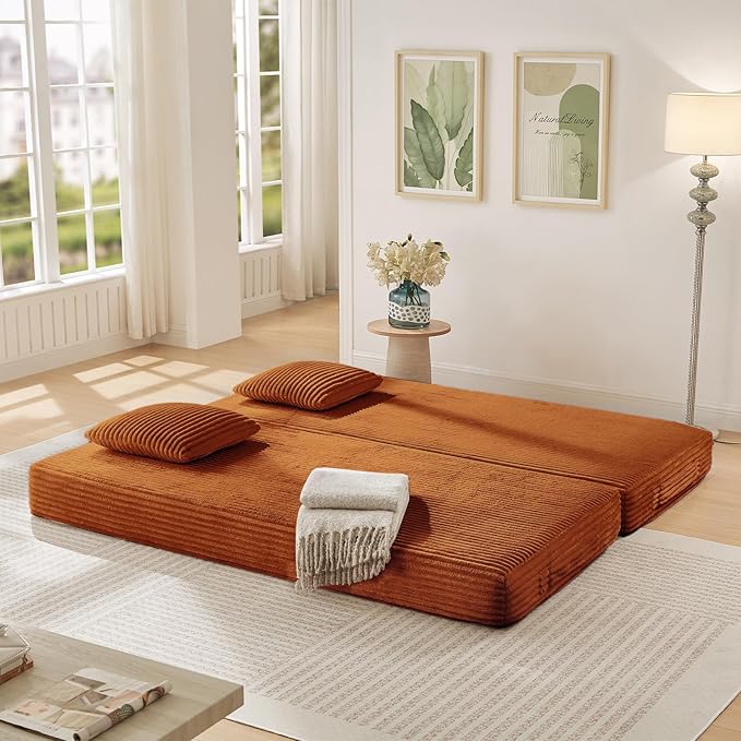 Modular Couch Bed, Convertible Folding Plush Corduroy Comfy Floor Memory Foam Compression Loveseat Sleeper Sofa Couch, King Size Bed for Guest Room Living Room Bedroom, No Assembly Required, Orange