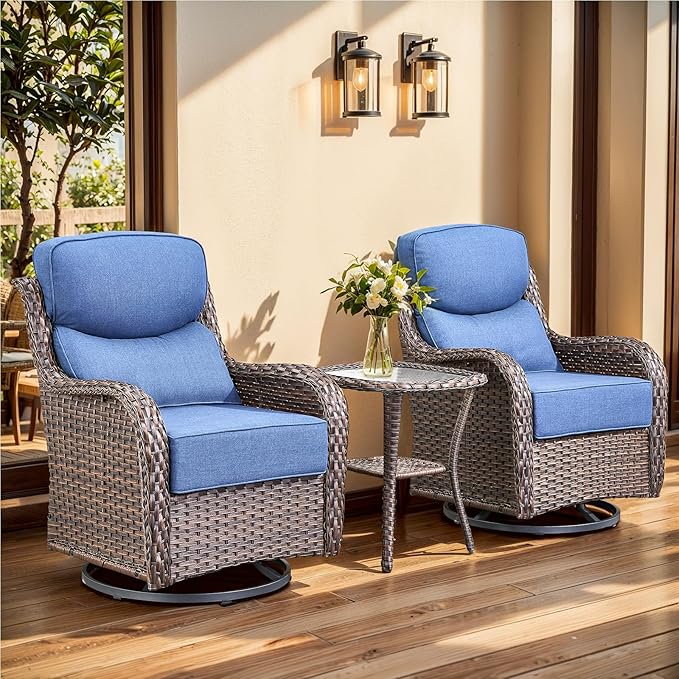 moosprr Luxury Outdoor Swivel Rocker Patio Chairs, High Back Patio Swivel Chairs with Side Table & 6-Inch Thick Cushions, Wicker Outdoor Bistro Set for Porch, Yard, Deck, Poolside, Brown/Blue