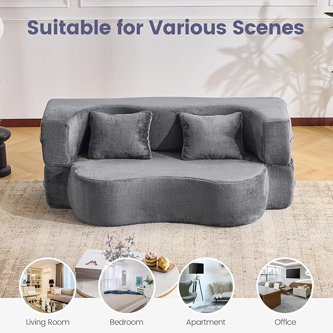 Orynveela Convertible Folding Sofa Bed, 71” Single Size Floor Sleeper Couch, Chenille Full Foam Futon Loveseat for Living Room Bedroom, No Assembly Required (Grey)
