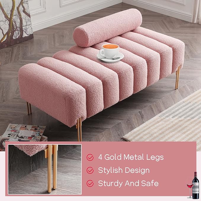NIOIIKIT 53.2" Modern Loveseat Sofa Couch, Upholstered Accent Sofa with Golden Legs and Adjustable Backrest, Small Teddy Fleece Couches for Bedroom, Living Room, Compact Small Space (Pink)