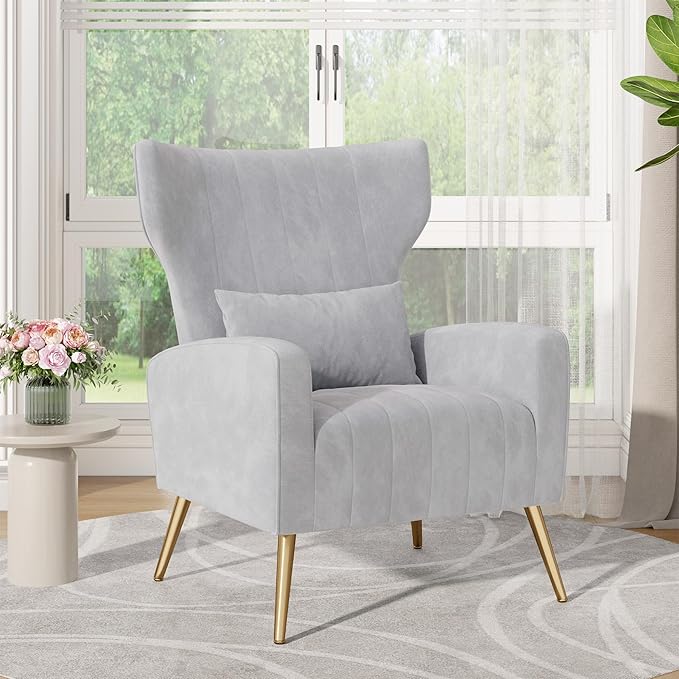 Nalupatio Modern Accent Chairs for Living Room Chairs Upholstered Velvet Fabric Reading Chair Mid Century Arm Chair Comfy Armchair,Light Gray